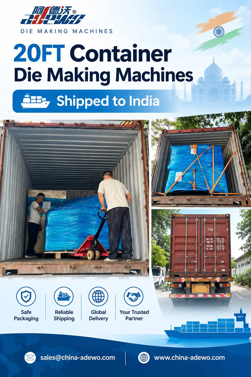 ADEWO livrează în India patru modele cheie de mașini într-un container plin, îmbunătățind liniile de producție locale de fabricare a matrițelor